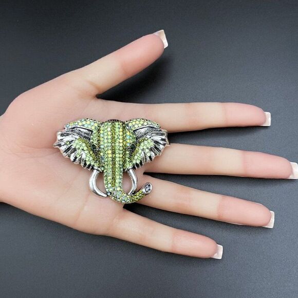 Silver with Emerald Peridot Green and AB Crystal Tusked Elephant Pin Back Brooch - Picture 10 of 10